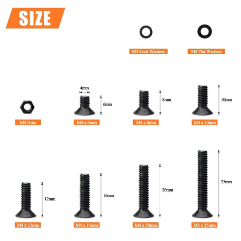 380 Piece M4 Socket Cap Screws Set With Countersunk Heads, Full Thread, Hex Nuts, Lock Washers, Flat Washers, 10.9 Grade