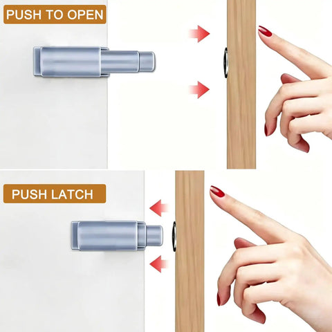 Push To Open Magnetic Cabinet Latch Set Eight Pack Gray No Knob Handleless Touch Latch and Catch demo with finger pushing latch