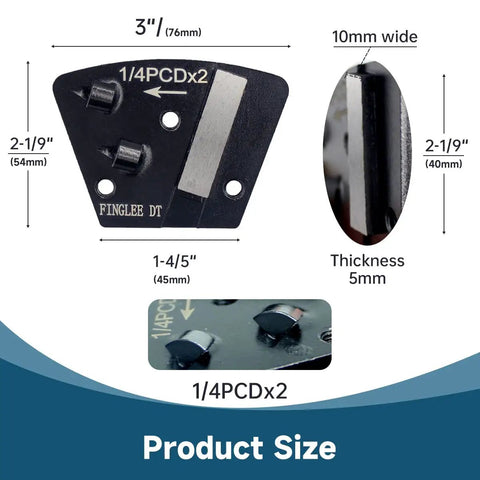 Three Piece Trapezoidal Diamond Grinding Discs Set, Two By One Quarter PCD Bar, Counterclockwise Diamond Shoes dimensions