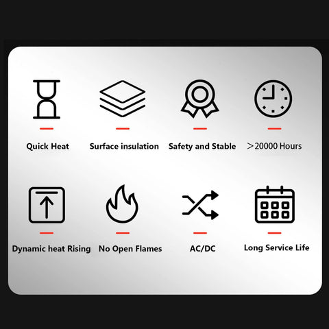 Front view of PTC heating element feature panel with icons for Quick Heat, Surface insulation, Safety, AC/DC, Long Service Life.
