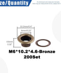200 Pcs 6mm Bronze Grommet Eyelets With Washers Kit For Fabric Canvas Curtain Clothing And Leather Repair, with size dimensions.