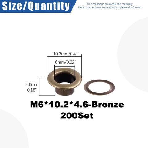 200 Pcs 6mm Bronze Grommet Eyelets With Washers Kit For Fabric Canvas Curtain Clothing And Leather Repair, with size dimensions.