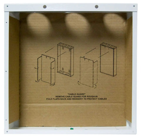 14 Inch In Wall Cable Management Media Box With 20 Gauge Steel Enclosure For Structured Wiring 2.5 Inch Wire Openings Glossy White Finish Slick Flanged Screw On Cover For Clean Drywall Look Includes Literature Pouch EN1400 showing front view of internal compartment and assembly instructions.