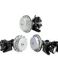 Vertical And Horizontal Disc Brake Chuck With Pneumatic Disc Brake System And Magnetic Powder Brake DBH104 DBG for metalworking, shown in duo.