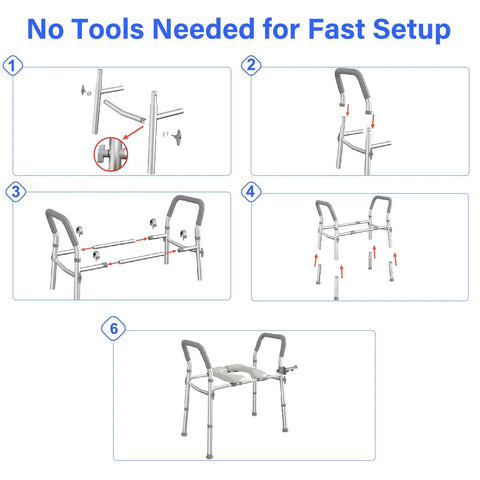 Ultra Comfy Raised Toilet Seat With Extra Wide Safety Handles Adjustable Height And Width For Seniors Fsa Hsa Eligible Heavy Duty Frame No Wobble assembly instructions showing no tools needed for setup.