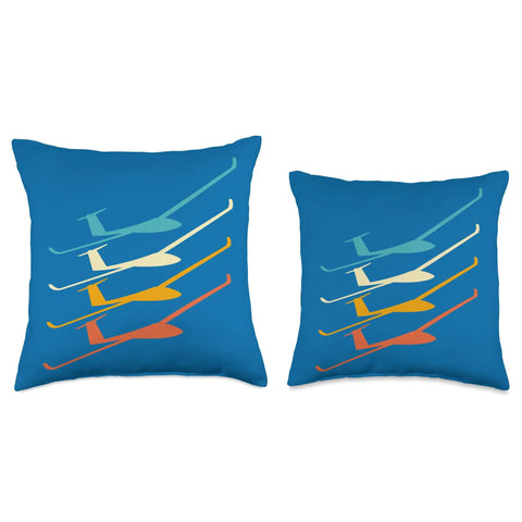 Blue throw pillow with colorful glider design, Glider Pilot Throw Pillow For Sailplane Lovers And Club Flyers Comfy Aero Tow Crew Gift.