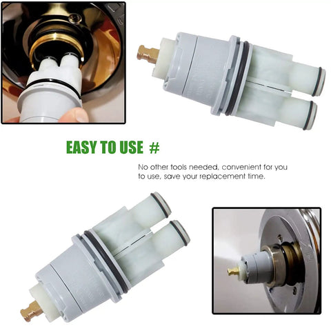 Shower Valve Cartridge Repair Assembly For 13 And 14 Series Faucets Compatible With Monitor Universal Valve Bodies And Single Handle Systems Pro Grade Replacement Kit For Tub And Shower shown in installation and detail view.