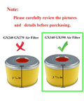 Comparison of two air filters: GX240/GX270 with red X and GX340/GX390 with green checkmark, highlighting size difference.