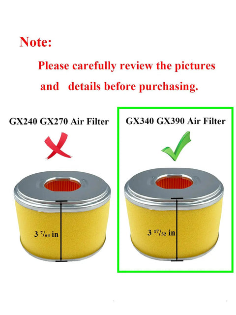Comparison of two air filters: GX240/GX270 with red X and GX340/GX390 with green checkmark, highlighting size difference.