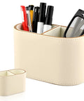 PU Leather Desk Organizer Caddy With Two Compartments Remote Control Holder Pencil Cup, beige with pens and glasses.