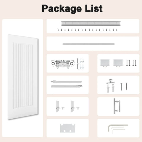 Package contents of 36x84 Concealed Barn Door With Soft Close Hardware Kit, 1 Panel Reeded White Primed Solid Core Hidden Door