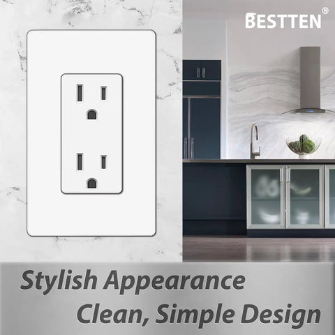 Thirty Pack 15 Amp Decorator Receptacle Outlet With Screwless Wall Plate Included, 15A 125V 1875W UL Listed White in modern kitchen