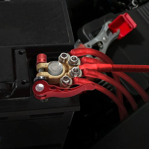 Battery Terminal Connectors 2 Pack 4 Way Quick Disconnect Release for Auto and Marine Use Heavy Duty Top Post Clamps installed