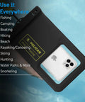 Close-up of black Two Pack Marine Waterproof Phone Pouches XL for Beach, Boat, Kayak and Poolside Adventures with IP68 case.