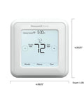 Front view of 7 Day Programmable Touchscreen Thermostat For Home Climate Control White Renewed Edition with clear display and measurements