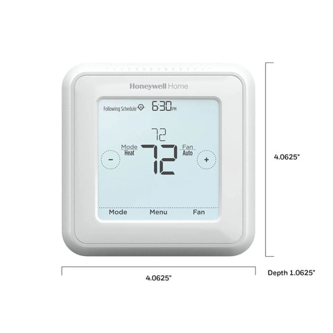 Front view of 7 Day Programmable Touchscreen Thermostat For Home Climate Control White Renewed Edition with clear display and measurements