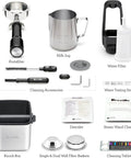 Oracle Fully Automatic Espresso Machine In Brushed Stainless Steel With 58 mm Portafilter Integrated Grinder And Slick Milk Frother essential care tools including portafilter, milk jug, and cleaning accessories.