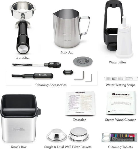 Oracle Fully Automatic Espresso Machine In Brushed Stainless Steel With 58 mm Portafilter Integrated Grinder And Slick Milk Frother essential care tools including portafilter, milk jug, and cleaning accessories.