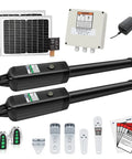Automatic Gate Opener Kit For Dual Swing Gates Up To 16 Feet Or 550 Pounds Solar Powered Medium Duty Gate Operator With Included Solar Panel And Simple Install For Home Or Property Security components including solar panels, motors, and brackets