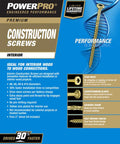 PowerPro Construction Screws interior use packaging highlighting features like star drive and yellow zinc plating.