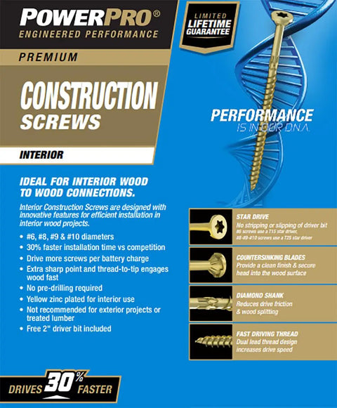 Pro Shop Grade Interior Wood Screws Size 9 X 2-1/2 Inch 88 Pack, yellow zinc plated, detailed packaging image with specifications.