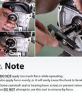 Crankshaft And Camshaft Bearing Removal And Installation Kit with extra long 118mm hooks in use on engine block
