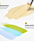 Chalk Furniture Paint Set With Nine Colors In Ultra Matte Finish, 60 Ml Bottles, showing brush applying beige paint and color swatches.