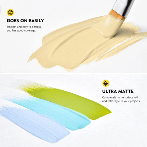 Chalk Furniture Paint Set With Nine Colors In Ultra Matte Finish, 60 Ml Bottles, showing brush applying beige paint and color swatches.