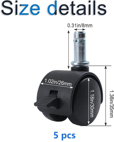 M8 Circlip Stem Caster Wheels five pack heavy duty black nylon casters with brakes showing detailed size dimensions.
