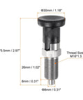 Heavy Duty Stainless Steel Push Fit Ball Nose Spring Plunger M16x1.5 Thread 8mm Pin Self Locking Hardware showing detailed dimensions.