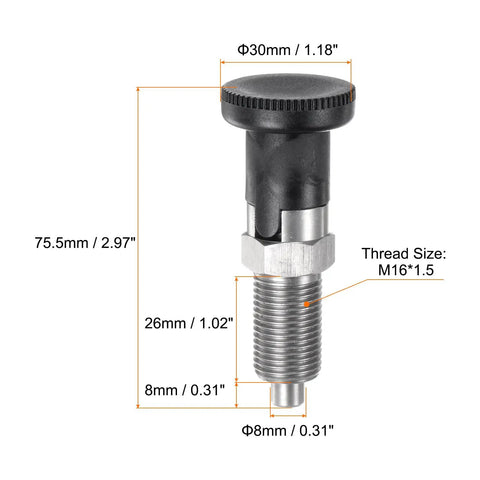 Pack Of Three Push Fit Ball Nose Spring Plungers Metric M16 Thread 8mm Pin Stainless Steel with dimensions and details.