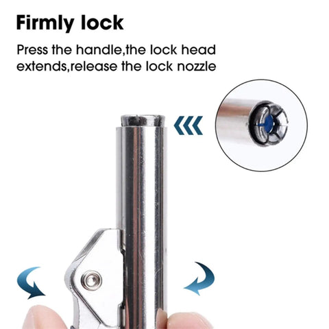 Close-up of locking mechanism on Grease Coupling Kit With 30cm Hose For Auto And Machinery Maintenance Flexible Reach One Hand Handle Enhanced Sealing Garage Ready Industrial Lubrication Applicator For Tight Spaces.