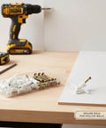 50 Pack M8 Nylon Drywall Anchors With Zinc Plated Screws on wooden desk near drill and tape measure for hollow wall mounting
