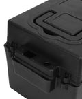 Heavy Duty Plastic Battery Storage Organizer Box With Secure Latching Lid For Marine Car RV Boat Truck, close-up of latching mechanism.