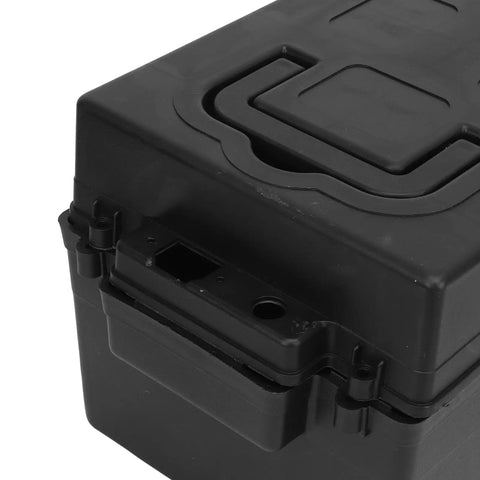 Heavy Duty Plastic Battery Storage Organizer Box With Secure Latching Lid For Marine Car RV Boat Truck, close-up of latching mechanism.
