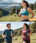 Chug Cap Replacement For Rambler Bottle Fits 18Oz 26Oz 36Oz 46Oz 64Oz Models, Easy Twist Triple Handle Screw Top Lid, Spill Proof Sports Water Bottle Accessory Not For Hydro Flask in use by joggers