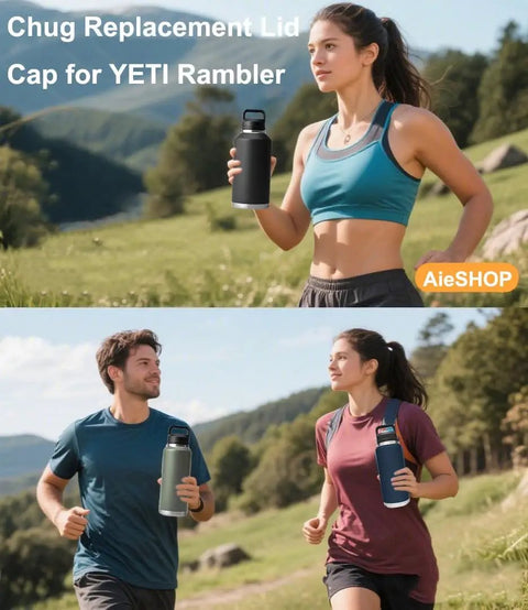 Chug Cap Replacement For Rambler Bottle Fits 18Oz 26Oz 36Oz 46Oz 64Oz Models, Easy Twist Triple Handle Screw Top Lid, Spill Proof Sports Water Bottle Accessory Not For Hydro Flask in use by joggers