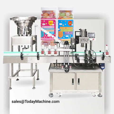 Automatic Twist Off Capper Machine For Plastic Bottles With Integrated Cap Feeder. This Versatile Screw Capping Device Handles Snap Crimp And Cork Caps With Ease. Reliable Industrial Packaging Solution For High Volume Production Lines And Small Business
