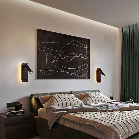 Two In One LED Wall Lamp And Reading Light Sconces For Bedroom So Cozy Bedside Plug In Set Of Two Black 3W 6W installed over bed