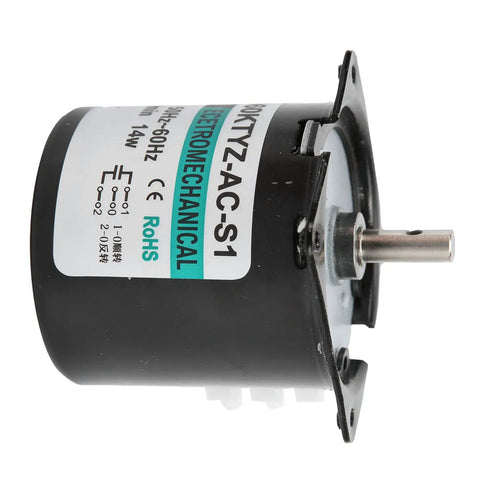 Heavy Duty 14 Watt Ac Synchronous Motor With High Torsion Metal Gears And Pure Copper Coil For Smooth Central Shaft Bracket Automated Industry Use at 110rpms side view with label