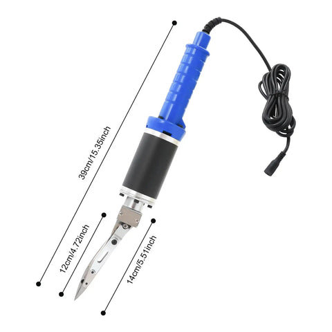 Top Shelf Electric Craft Scissors engineered for sharp carpet carving, featuring a blue handle and dual blades for tufting.