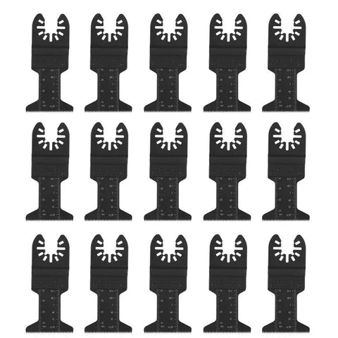 Fifteen Piece Oscillating Saw Blade Set With 44mm Plunge Cut High Carbon Steel Depth Scales arranged in rows.