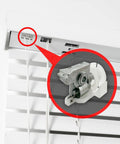 Heavy Duty Low Profile Metal Cord Tilter For 2 Inch Blinds, showing white cord tilter with steel connector on wood blinds.