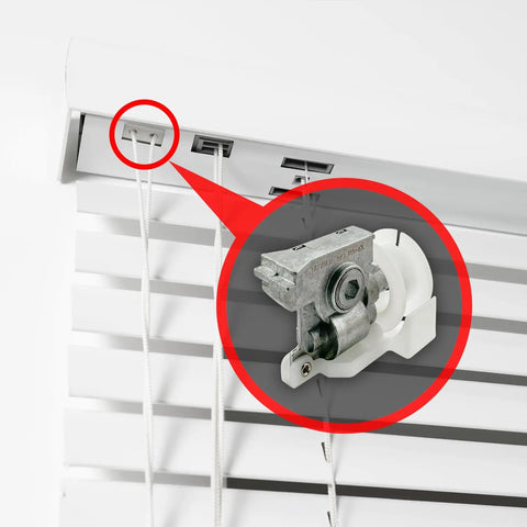 Heavy Duty Low Profile Metal Cord Tilter For 2 Inch Blinds, showing white cord tilter with steel connector on wood blinds.