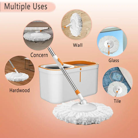 Spin Mop And Bucket Set With Wringer System And 61 Inch Extendable Stainless Steel Handle multiple cleaning uses diagram