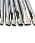 Six Size Leather Oval Hole Punch Set With Carbon Steel Punches for belts, straps, gaskets, showcasing various punch sizes and steel material.