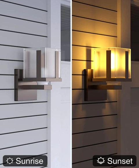 Single Pole 2.4GHz WiFi Smart Light Switch For Lights Works With Alexa And Google Home Neutral Wire Required Remote And Voice Control UL Certified Four Pack Not For 3 Way Homes, showing sunrise and sunset modes on wall lights.