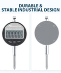 Front and rear view of Digital Dial Indicator 1 Inch 25.4 mm with LCD Readout and Ultra Precise 0.001 mm 0.00005 In Resolution Gauge.