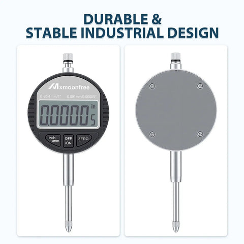 Front and rear view of Digital Dial Indicator 1 Inch 25.4 mm with LCD Readout and Ultra Precise 0.001 mm 0.00005 In Resolution Gauge.