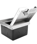 Recessed Floor Power Outlet Box With Snap Open Lift Cover, Tough Steel Housing For No Sweat Cord Access And Smooth Glide Action, showing stainless steel lid open.